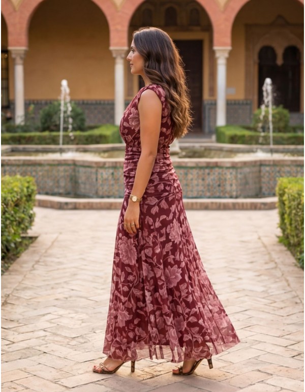 Robe midi florale bordeaux avec drapé à la taille 2