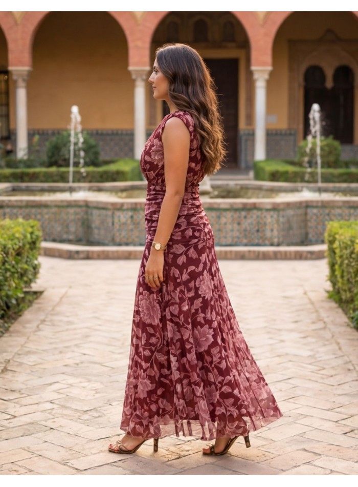 Floral burgundy midi dress with draped at the...