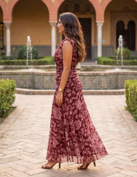 Vestido midi burdeos floral para invitada