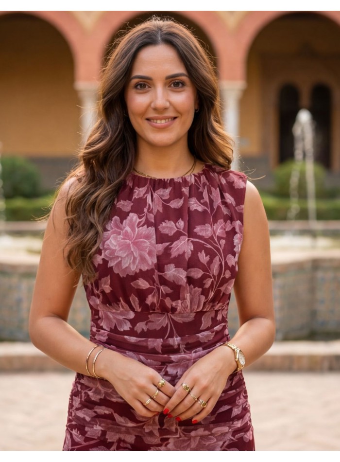 Robe midi florale bordeaux avec drapé à la taille