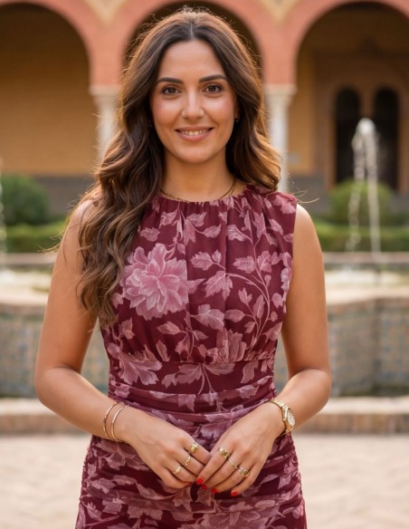 Vestido midi burdeos floral con drapeado en la cintura y falda de vuelo