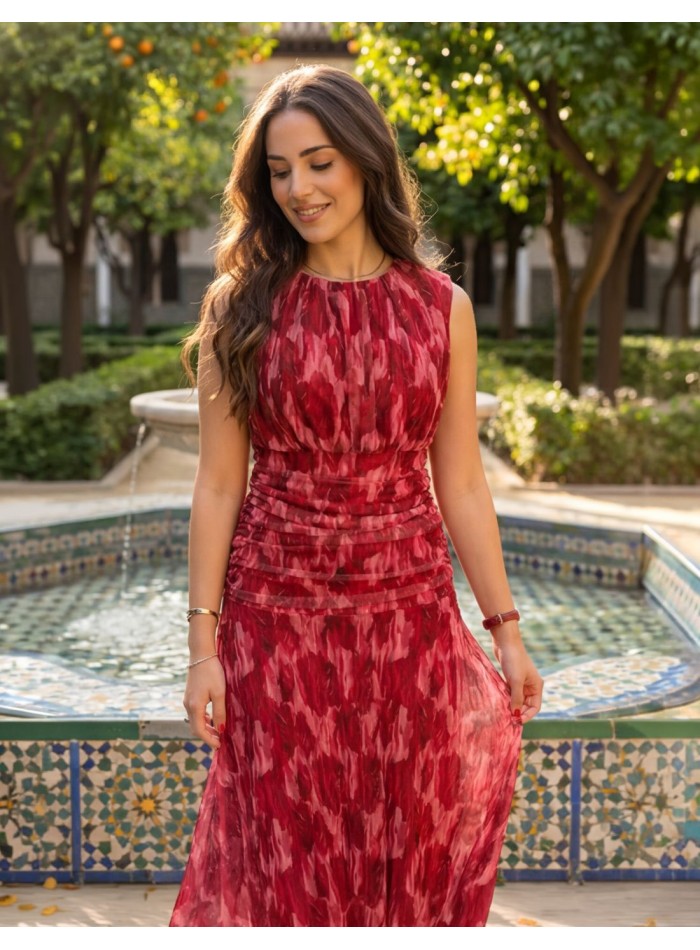 Printed midi dress in pink tones with draped...