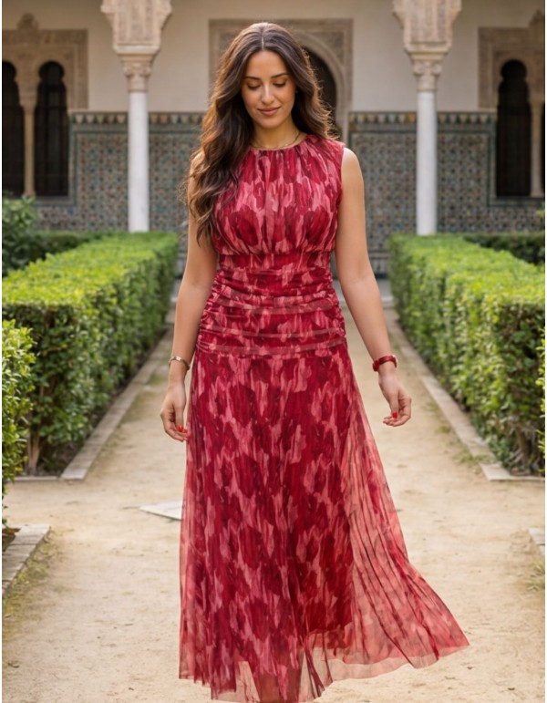 Vestido midi estampado en tonos rosas con drapeado y... 2
