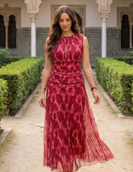 Printed midi dress in pink tones with draped and flounce skirt
