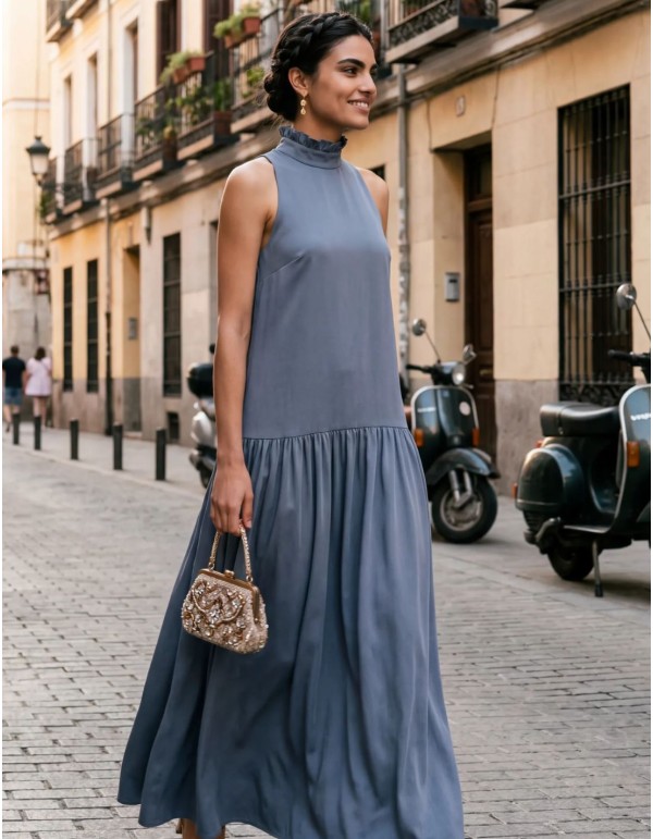 Long blue satin dress with flowing drape and ruffle neckline 2