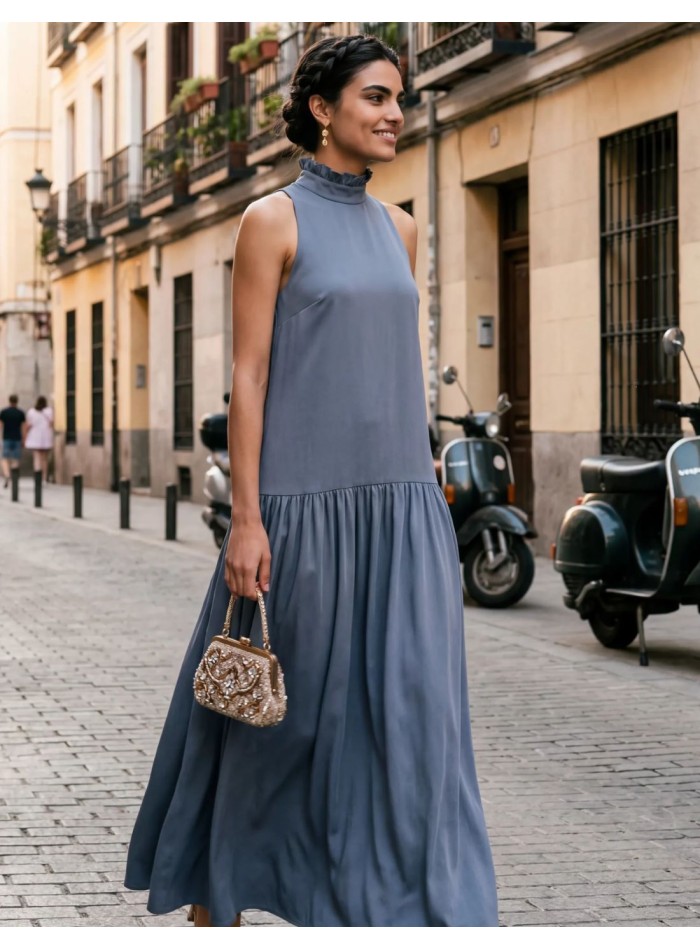 Long blue satin dress with flowing drape and...