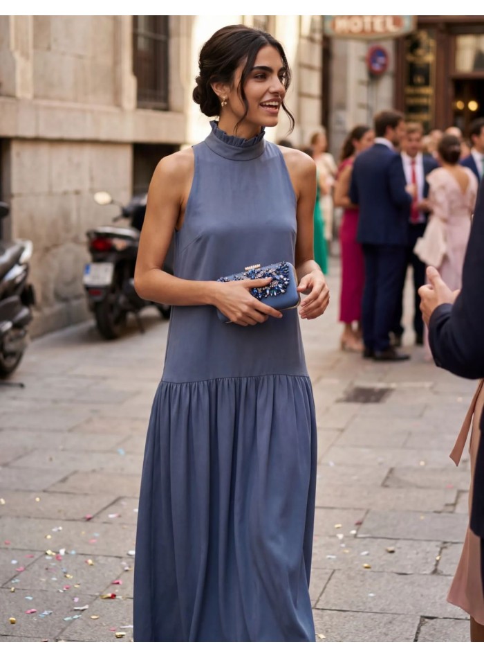 Long blue satin dress with flowing drape and...