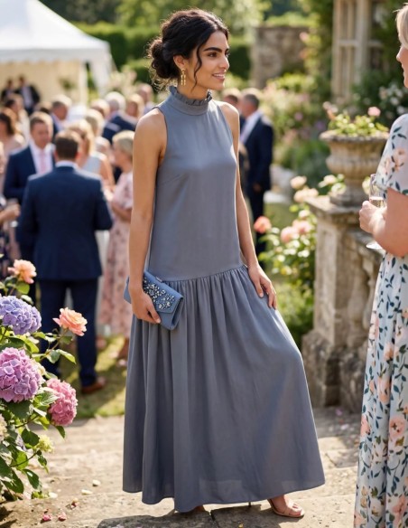 Longue robe de satin bleu au drapé fluide et à l'encolure volantée