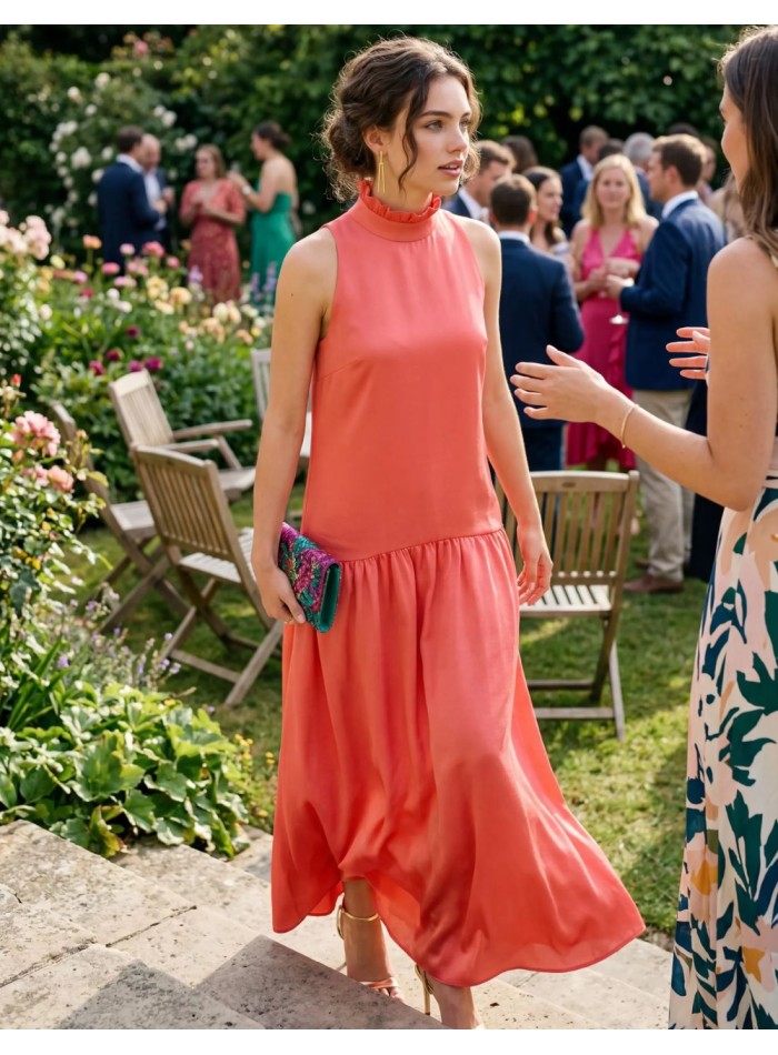 Longue robe d'invité en satin corail avec drapé...