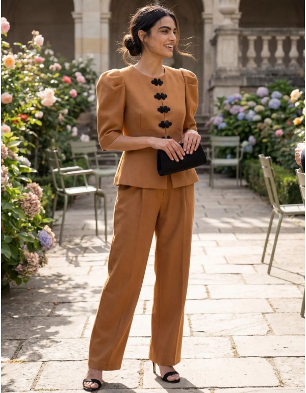 Short sleeve jacket in ochre with peplum and hooped...