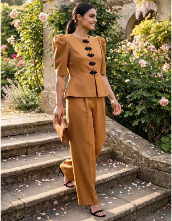 Short sleeve jacket in ochre with peplum and hooped... 2