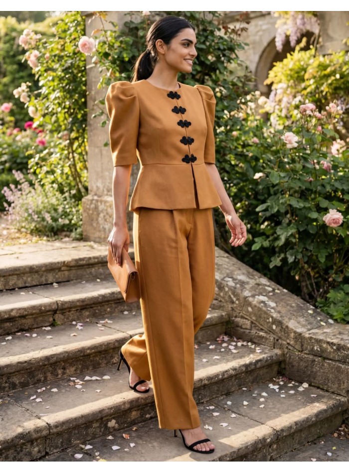Chaqueta de manga corta en ocre con peplum y alamares