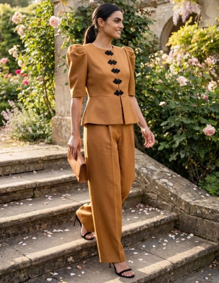 Chaqueta de manga corta en ocre con peplum y alamares