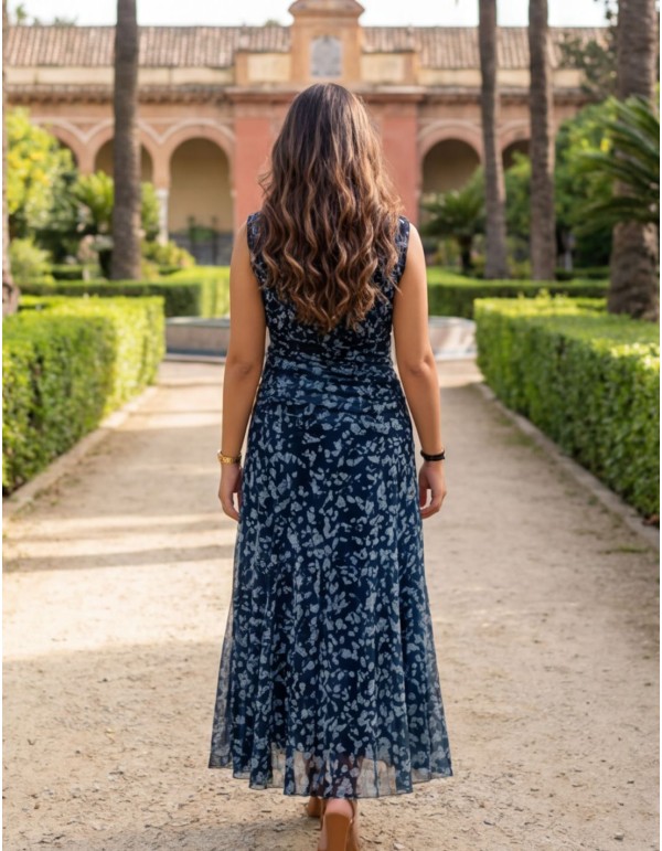 Robe midi imprimée dans les tons bleus avec jupe drapée... 2