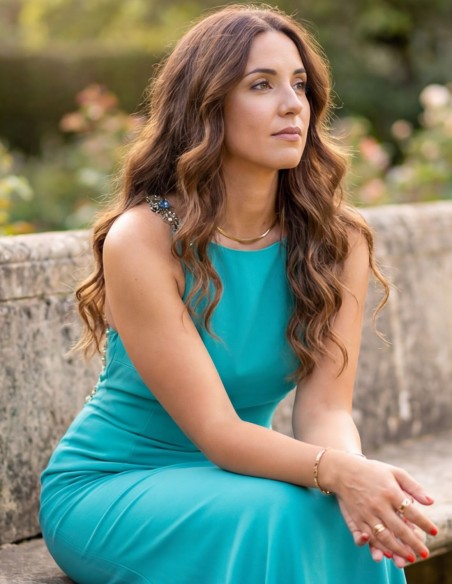 Turquoise blue long dress with open back and rhinestones
