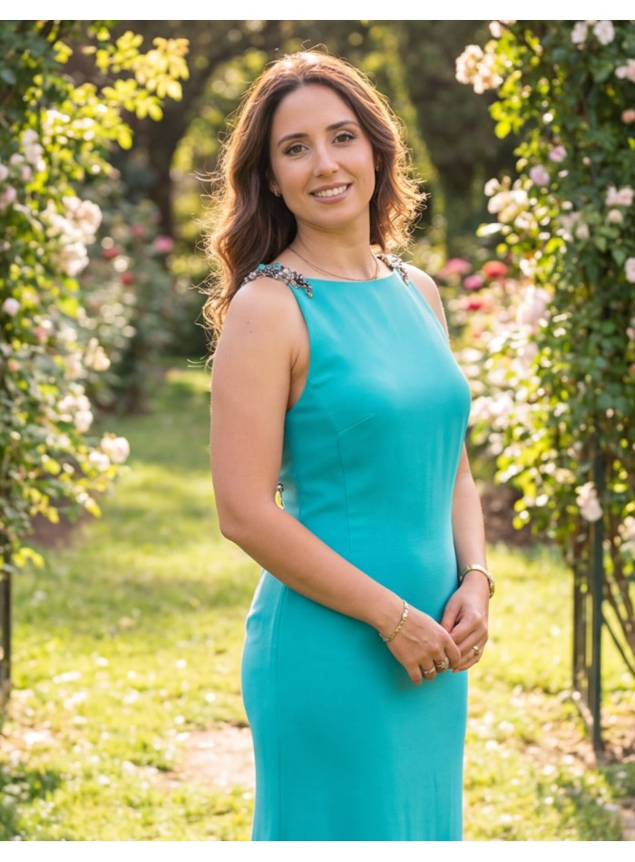 Turquoise blue long dress with open back and...
