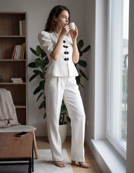 White tweed straight pants in straight style