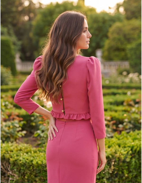 Strawberry color set with puffed sleeve top and midi skirt 2