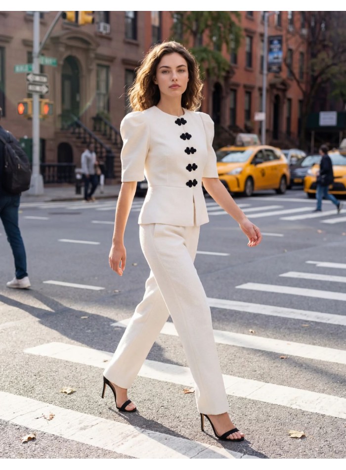 Chaqueta blanca en tweed con peplum para invitada