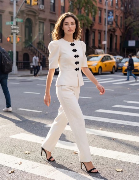 Chaqueta blanca en tweed con peplum para invitada