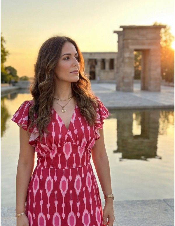Vestido midi estampado en tonos rosas y rojos con volantes en la manga 2