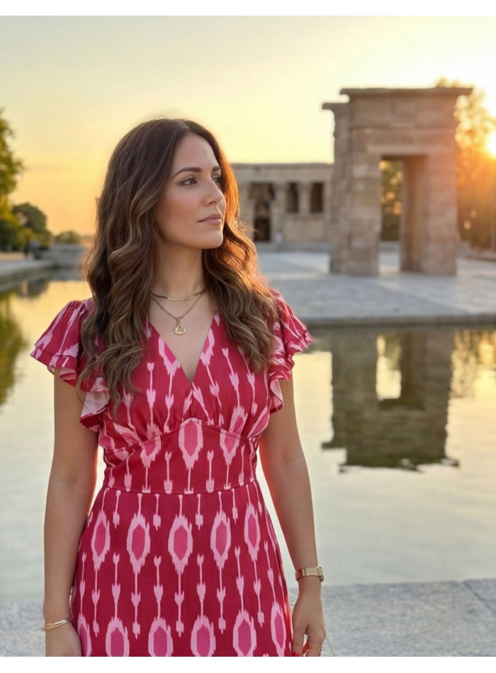 Robe midi imprimée rose et rouge avec volants...