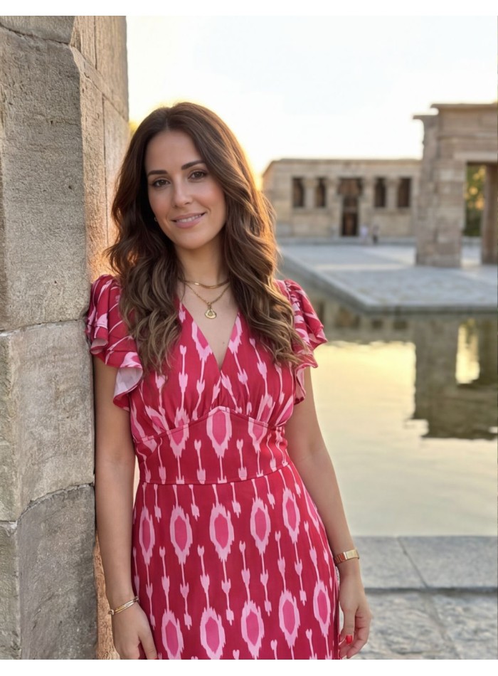 Robe midi imprimée rose et rouge avec volants...