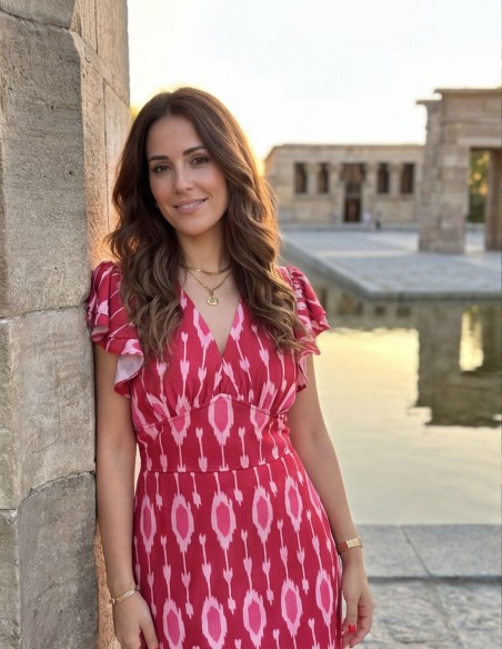 Pink and red printed midi dress with ruffles on the sleeves