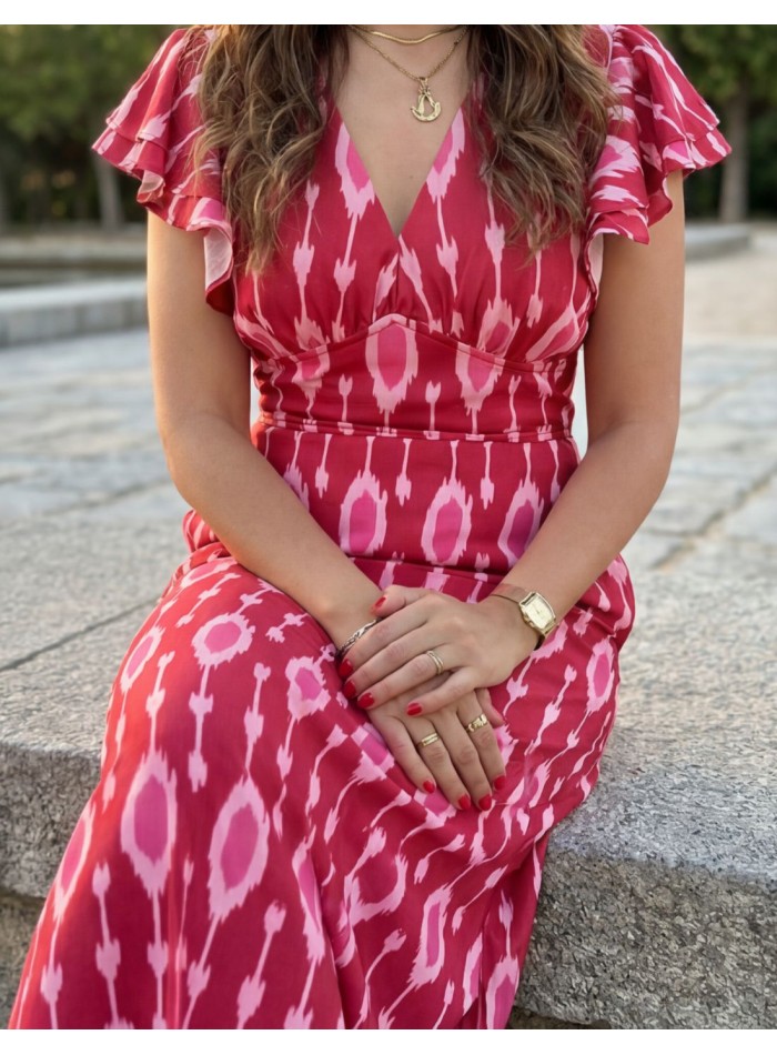 Pink and red printed midi dress with ruffles on...