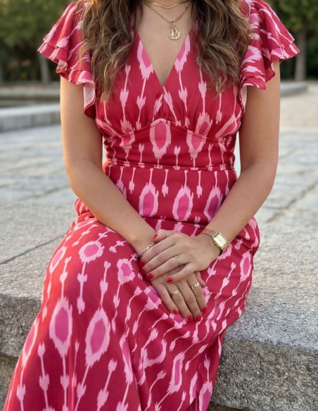 Robe midi imprimée rose et rouge avec volants sur la manche