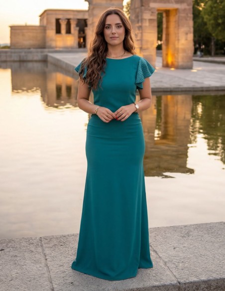 Petrol long guest dress with short sequin sleeves