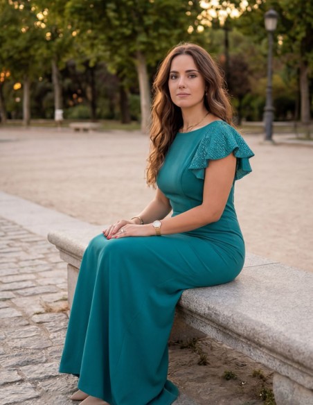 Vestido largo de invitada petróleo con manga corta de lentejuela
