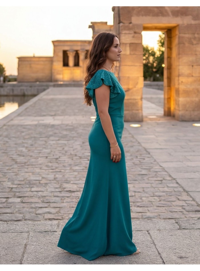 Vestido largo de invitada petróleo con manga corta de lentejuela