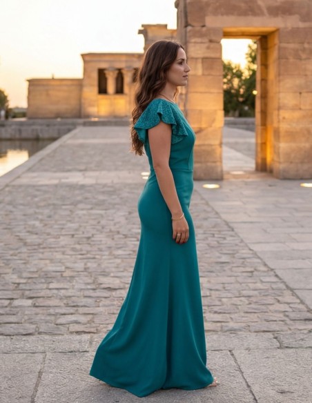Vestido largo de invitada petróleo con manga corta de lentejuela