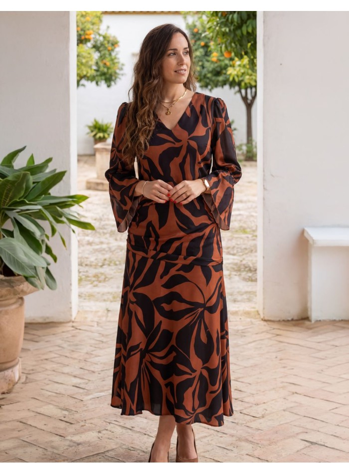 Robe midi marron avec imprimé floral noir pour...