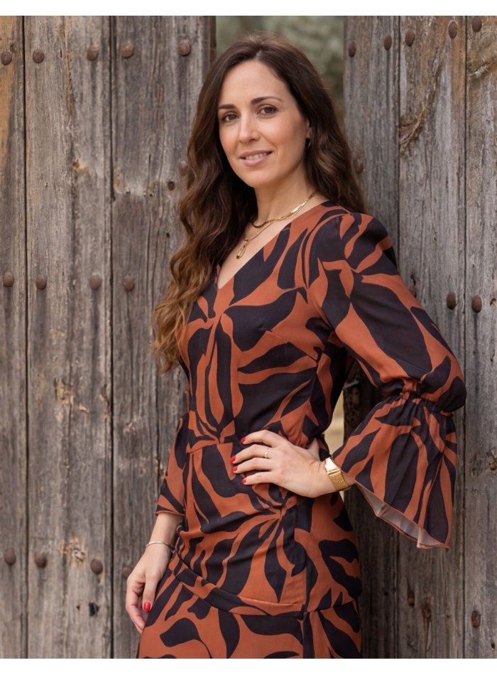 Robe midi marron avec imprimé floral noir pour...