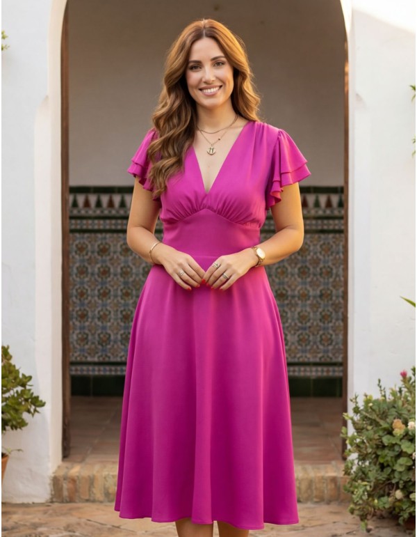 Bougainvillea midi dress with flowing skirt and ruffled...