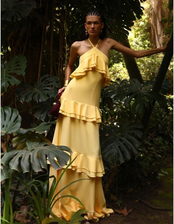 Robe longue jaune pastel avec encolure licou et volants