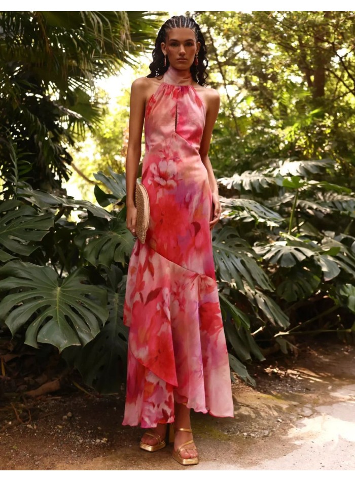 Robe midi imprimée rose avec encolure dos nu et...