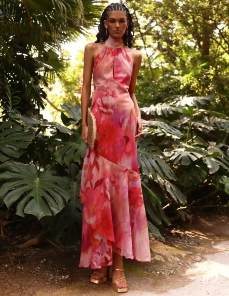 Robe midi imprimée rose avec encolure dos nu et dos ouvert