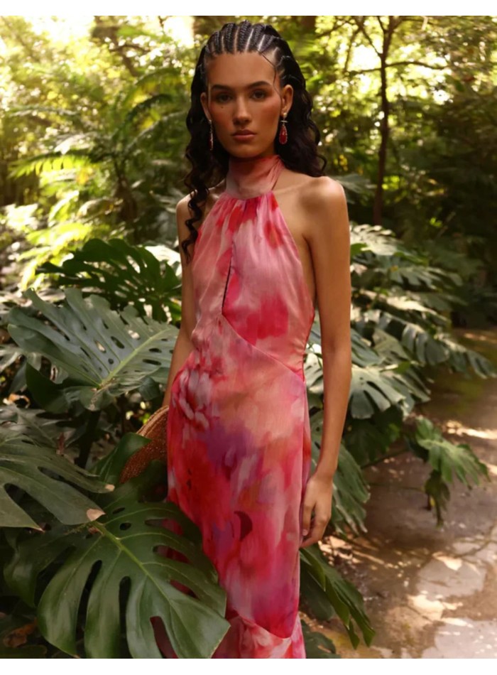 Pink printed midi dress with halter neckline...