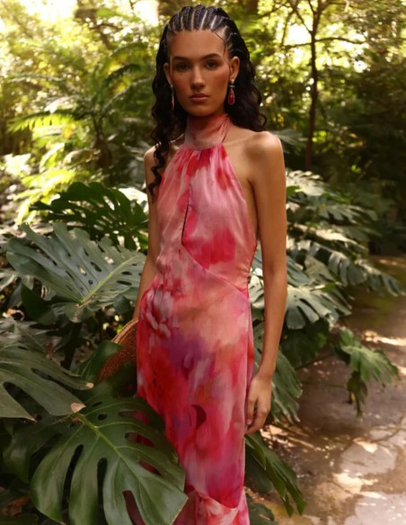 Robe midi imprimée rose avec encolure dos nu et dos ouvert