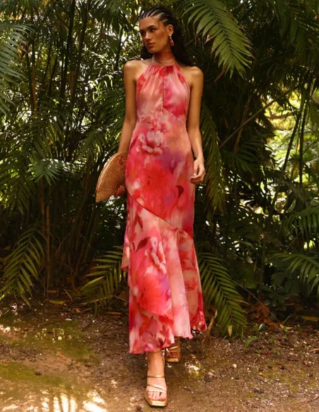 Vestido midi estampado rosa con cuello halter y espalda descubierta