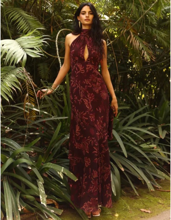 Eggplant color printed midi dress with halter neck and...