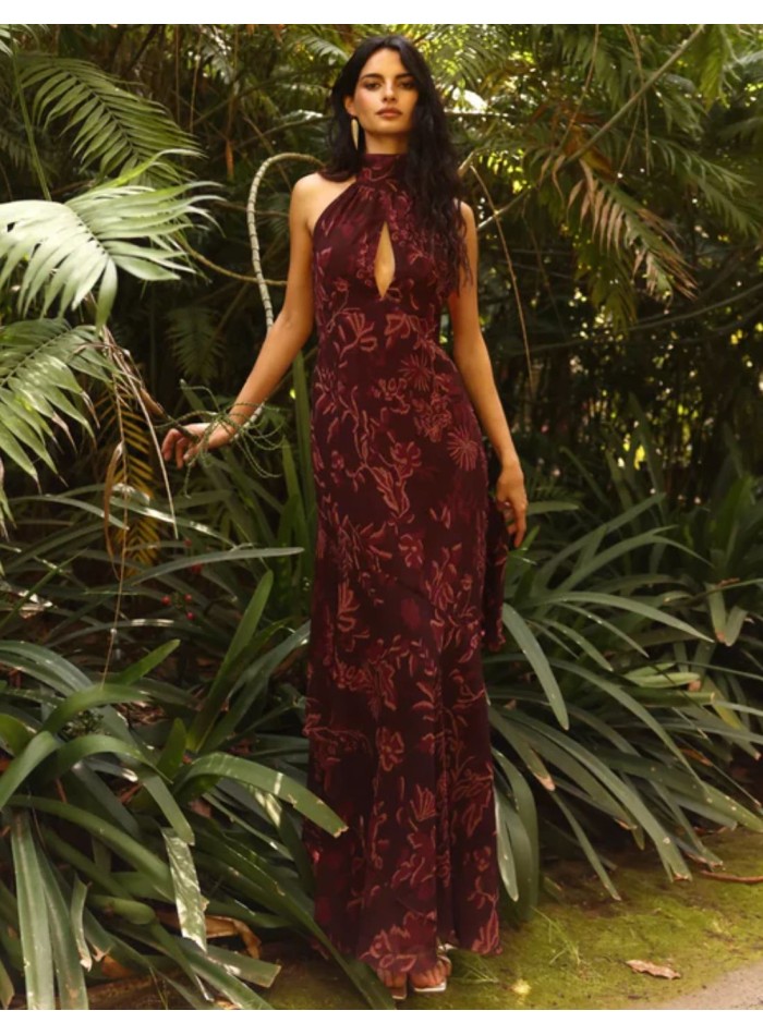 Robe midi imprimée aubergine avec encolure dos...