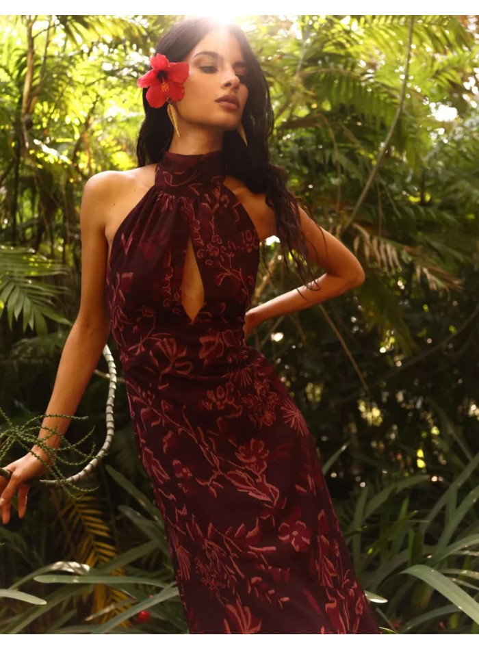 Robe midi imprimée aubergine avec encolure dos...
