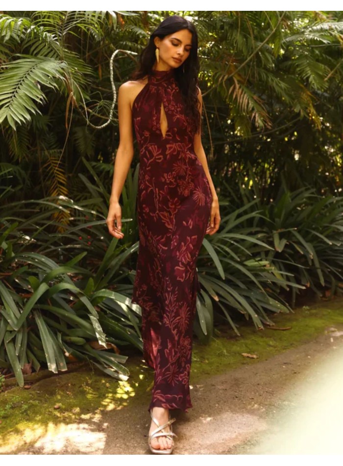 Robe midi imprimée aubergine avec encolure dos...