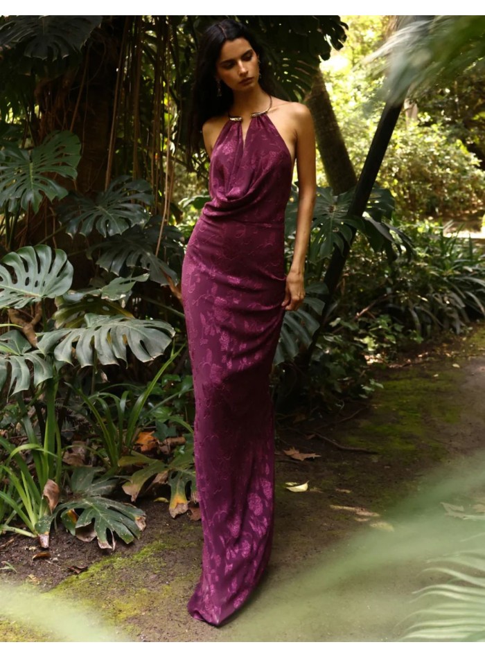 Eggplant long dress in jacquard jacquard fabric...