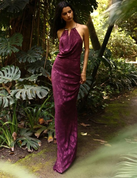 Eggplant long dress in jacquard jacquard fabric with draped halter neckline