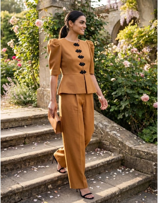 Pantalón recto ocre con botón forrado negro 2